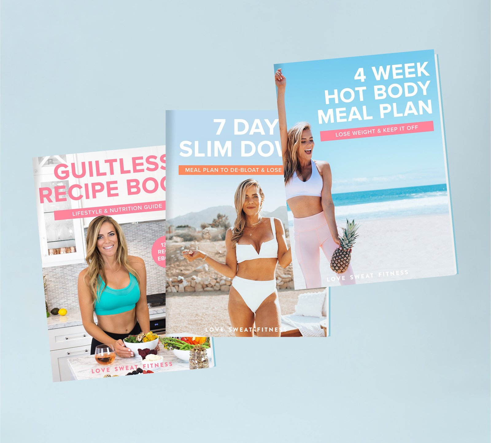 Three digital guides for lifestyle and weight loss, including a 7 Day Slim Down, a 4 Week Hot Body Meal Plan, and Guiltless Nutrition Lifestyle and Recipe Book, displayed with their covers visible.